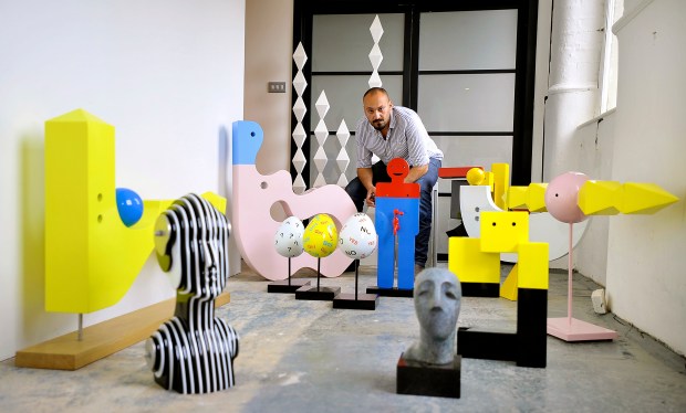 ‘ My husband and sculptures in Damside Mill'